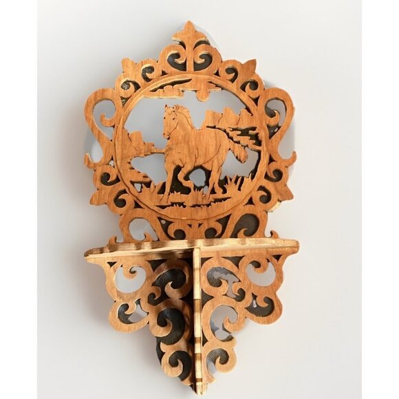 Wood Horse Shelf Primative Equestrian Handcrafted Scroll Work - Picture 2 of 7